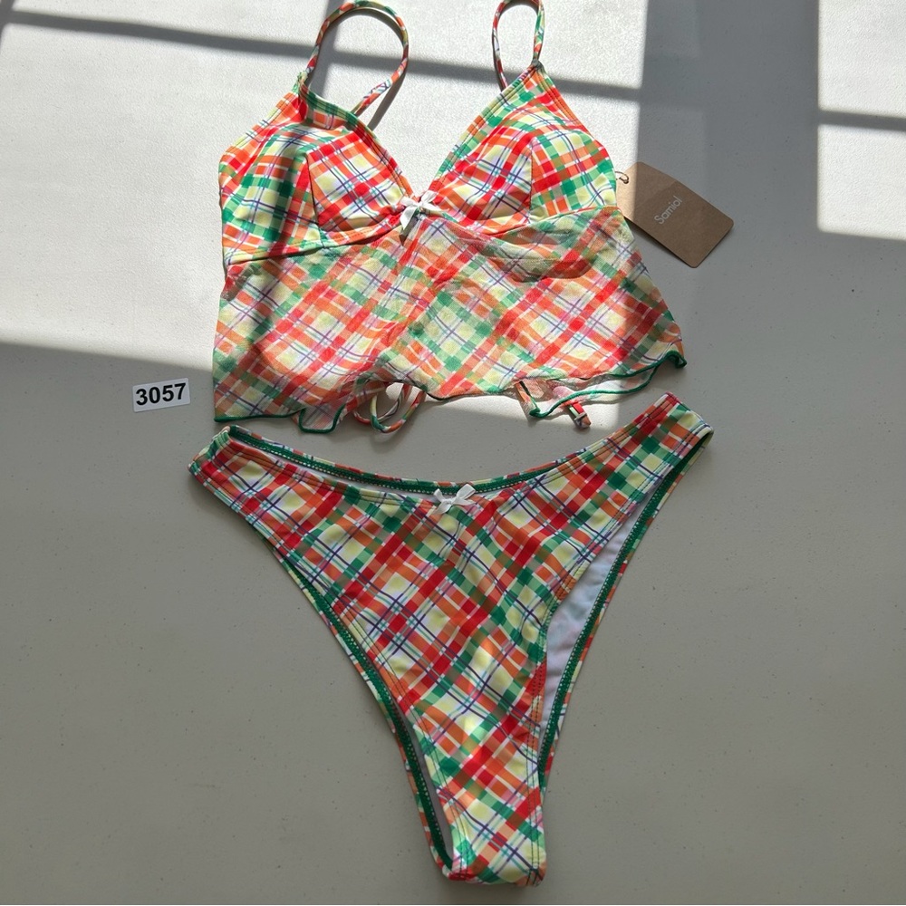 Samiol  Medium Orange Polyester Knitted Plaid Print Tankini Set